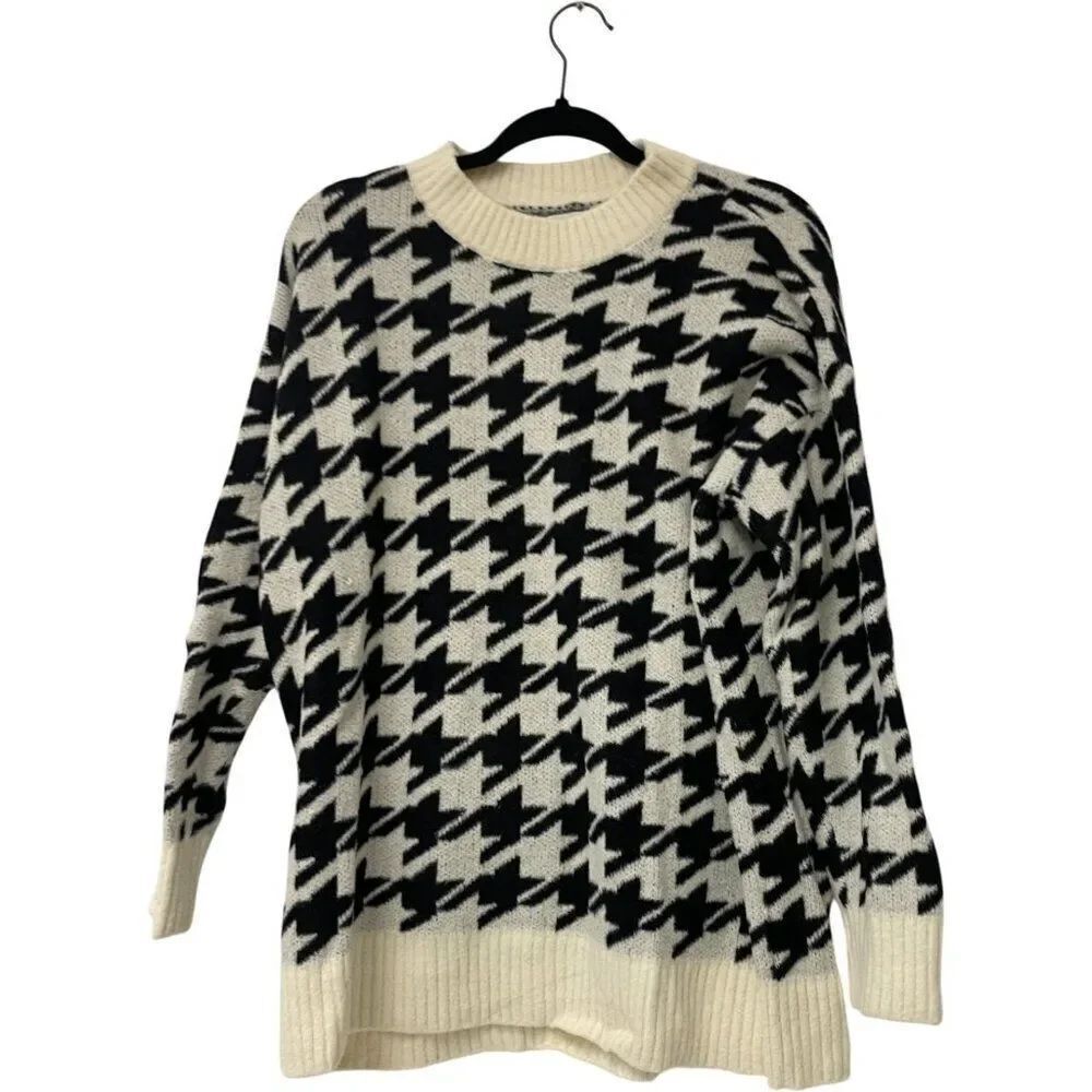 Lou and Grey Womens Sweater Medium Pullover Black White Houndstooth Long Sleeve